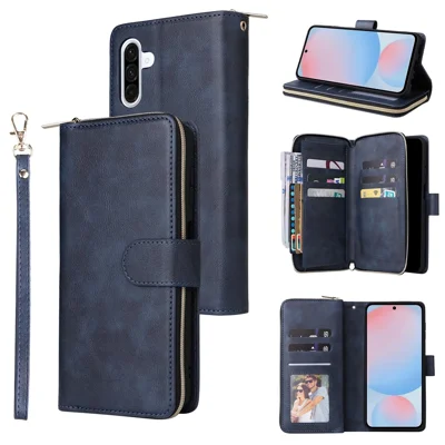For Samsung Galaxy A27 5G Case Zipper Pocket 9 Card Slots PU Leather Phone Cover with Hand Strap - Blue