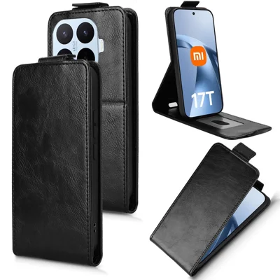 Coque support pour Xiaomi 17T Pro, coque magnétique verticale avec rabat en cuir et porte-cartes - Noir