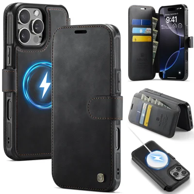 AUTSPACE para iPhone 16 Pro Max A15 Capa Carteira com Bloqueio RFID, Capa Magnética em Couro para Telemóvel - Preto