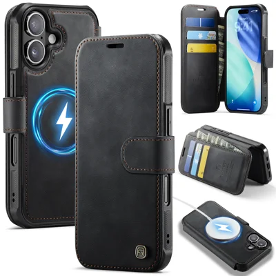 AUTSPACE для iPhone 16 A15 чехол с RFID блокировкой, кожаный магнитный чехол-кошелек для телефона - Черный