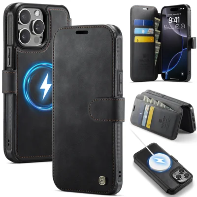  AUTSPACE for iPhone 13 Pro Max A15 Case RFID Blocking Wallet Leather Magnetic Phone Cover - Black