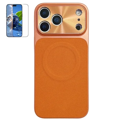 Für iPhone 17 Pro Max Magnetische Hülle mit Ringständer, technischem Stoff beschichtete PC + TPU Handy-Rückseite mit gehärtetem Glas Displayschutz – Orange