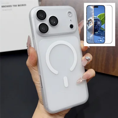Für iPhone 17 Pro Max Magnetische Hülle mit Kameraobjektivschutz Mattes PC Stoßfestes Handycover + Gehärteter Glas Displayschutz – Transparent Weiß