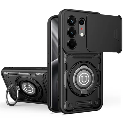 For TECNO Camon 50 Pro 4G  /  50 Pro 5G  /  50 Ultra 5G Case with Slide Camera Cover Ring Kickstand PC + TPU Phone Shell - Black