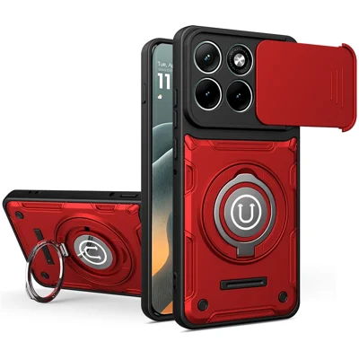 Für Motorola Edge 70 Fusion+ 5G / 70 Fusion 5G Hülle mit schiebbarer Kameraabdeckung, Ringständer, PC + TPU Handytasche - Rot