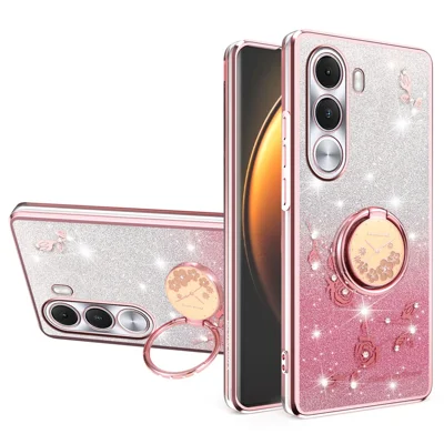 غطاء هاتف KADEM لهاتف Realme C100i 4G بحلقة دوارة ودعم قابل للطي من مادة TPU وزهور وبريق تدريجي - ذهبي وردي