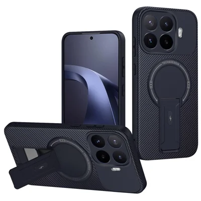 Coque pour Xiaomi 17T Pro, texture fibre de carbone, housse téléphone PC + TPU avec support intégré - Bleu