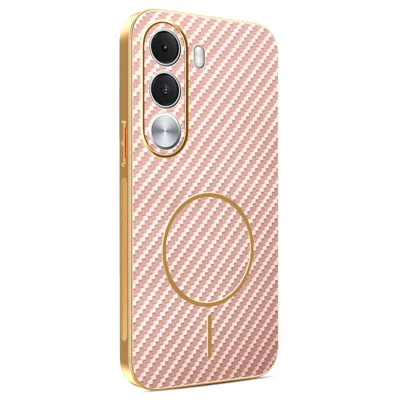 غطاء هاتف لهاتف Realme C100i 4G، غطاء خلفي من مادة TPU مطلي ومزود بنسيج ألياف كربون - وردي