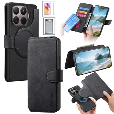 CASENEO for Xiaomi 17T Magnetic Case Detachable Retro Leather Wallet Phone Cover with Tempered Glass Screen Protector - Black
