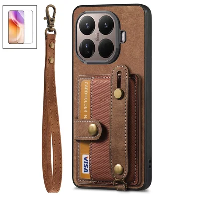 Funda para Xiaomi 17T con correa de mano, soporte tipo kickstand, cuero PU retro, trasera con tarjetero + protector de pantalla de cristal templado - Marrón