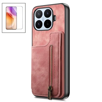 Für Xiaomi 17T Hülle mit Reißverschluss, Kartenfach, Ständer, Retro-Leder, TPU-Handyhülle mit gehärtetem Displayschutzfolie – Rosa