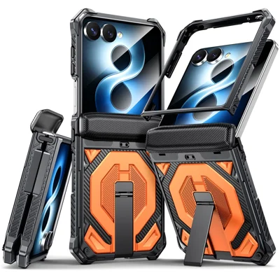 Capa para Samsung Galaxy Z Flip8 com Suporte de Apoio, Proteção de Dobradiça, Capa Resistente em PC + TPU para Telemóvel - Laranja