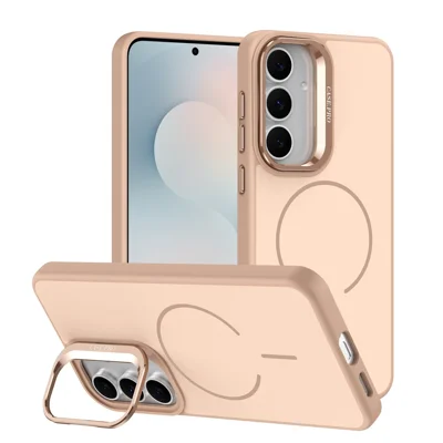 For Samsung Galaxy A27 5G Case Skin-touch PC + TPU Magnetic Phone Cover with Lens Frame Kickstand - Desert Gold