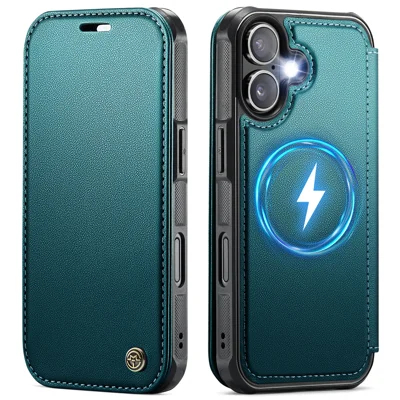 CASEME para iPhone 17 Capa 053 Capa Magnética com Carteira em Couro com Bloqueio RFID, Azul Verde