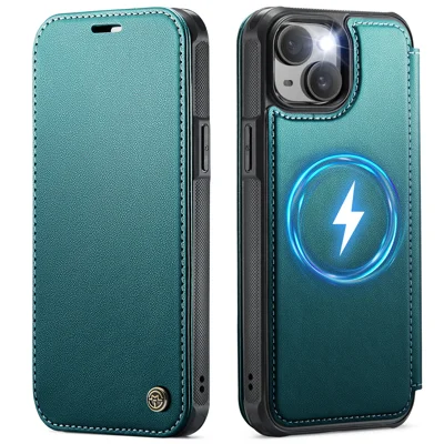CASEME pour iPhone 12 Pro / iPhone 12 Étui 053 Étui à rabat portefeuille magnétique avec protection RFID en cuir - Bleu Vert