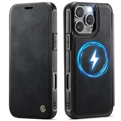  CASEME dla iPhone 16 Pro Max, etui 053, magnetyczne etui portfel z blokadą RFID, pokrowiec z kory krokodylowej - czarny