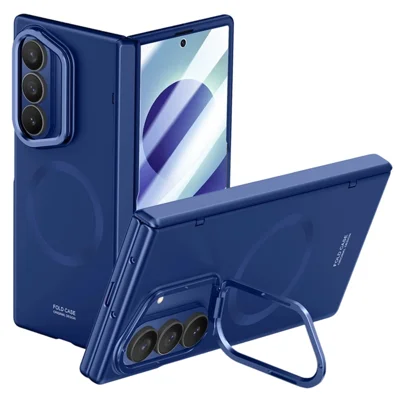 For Samsung Galaxy Z Fold8 Ultra Magnetic Case Hard PC Phone Cover with HD Tempered Glass Film, Lens Kickstand - Blue