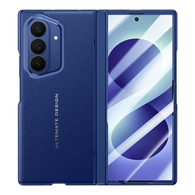 For Samsung Galaxy Z Fold8 Ultra Case Leather + PC Phone Cover with HD Tempered Glass Film, Lens Kickstand - Blue