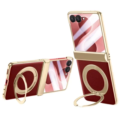 For Samsung Galaxy Z Flip8 Magnetic Case with Tempered Glass 360° Rotatable Metal Ring Kickstand PU Leather + PC + Acrylic Cover - Red