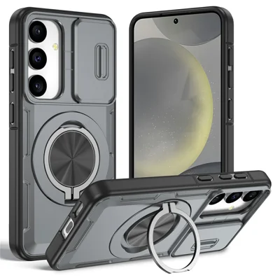 Dla Samsung Galaxy S24 / S25 Obudowa Magnetyczna z Suwakiem Ochronnym na Aparat, Obrotowa Podstawka PC + TPU - Szary
