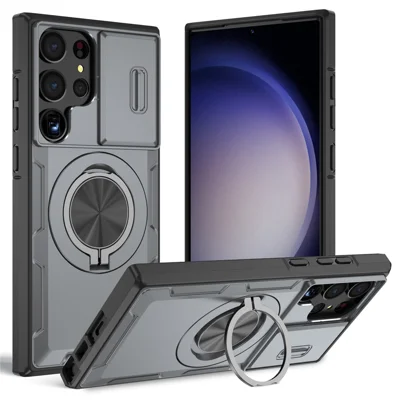 Für Samsung Galaxy S23 Ultra Magnetische Hülle Schiebe-Kameraabdeckung Drehbarer Ständer PC + TPU Handyhülle - Grau
