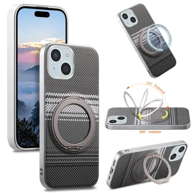 For iPhone 15 Case Magnetic Kickstand PU Leather + PC + TPU Gradient Phone Cover - Black