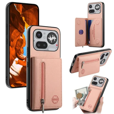 For Nothing Phone (4a) Pro Case Zipper Card Holder Kickstand Jeans Cloth Texture Leather Back Cover - Pink