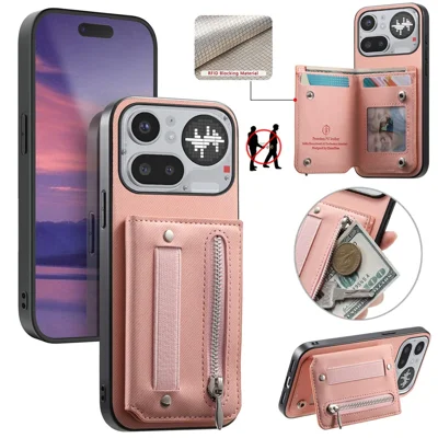 For Nothing Phone (4a) Pro Case RFID Blocking Card Holder Jeans Cloth Texture Leather Back Cover with Elastic Wristband - Pink