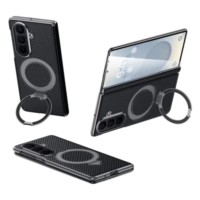 SULADA pour Samsung	Galaxy Z Fold8 Ultra Étui Magnétique avec Support PU + PC Couverture de Téléphone Texture Fibre de Carbone - Noir