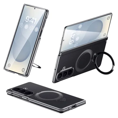 For Samsung Galaxy Z Fold8 Ultra Magnetic Case Genuine Cow Leather + PC Kickstand Phone Cover - Black
