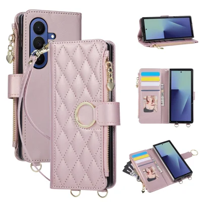 For Samsung Galaxy Z Fold8 Ultra Case Magnetic Ring Buckle Zipper Pocket Rhombic Leather Phone Cover with Wrist Strap - Pink