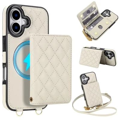 For iPhone 17 Magnetic Case Detachable Card Holder Kickstand PU Leather Phone Back Cover with Wrist Strap + Long Strap - White
