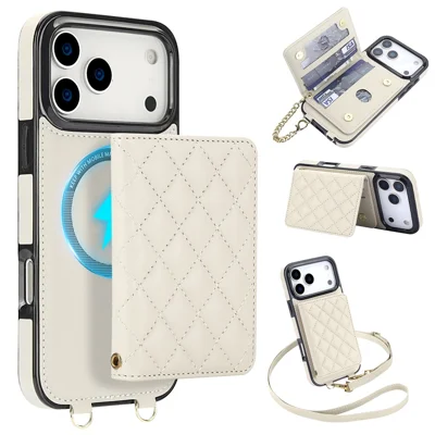 For iPhone 17 Pro Magnetic Case Detachable Card Holder Kickstand PU Leather Phone Back Cover with Wrist Strap + Long Strap - White