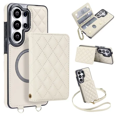 For Samsung Galaxy S26 Ultra Magnetic Case Detachable Card Holder Kickstand PU Leather Phone Back Cover with Wrist Strap + Long Strap - White