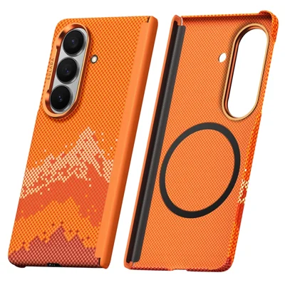 SULADA لجهاز Samsung Galaxy Z Fold7 5G غطاء مغناطيسي بتصميم جبلي ذهبي ناعم الملمس من مادة البولي كربونات الرفيعة - برتقالي