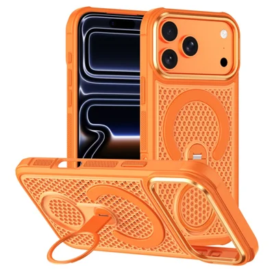 For iPhone 18 Pro Max Magnetisk Case med 360° Roterende Ring Støttefod til Varmeledning Honningbier PC TPU Dæksel Kompatibel med Magsafe - Orange