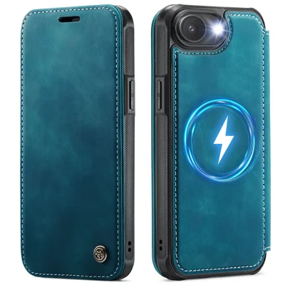 CASEME para iPhone 16e / iPhone 17e Capa 053 Capa Magnética de Carteira com Bloqueio RFID em Pele - Azul Retro