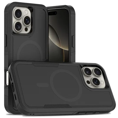 Für iPhone 16 Pro Max Magnetische Hülle Doppelschichtige PC-TPU-Stoßfeste Handyhülle - Schwarz