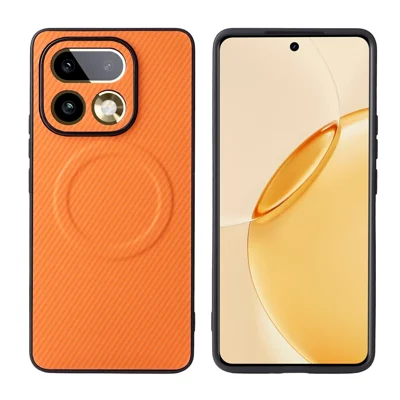 For Realme 16 Pro+ 5G Case Carbon Fiber Texture Leather Coated TPU PC Phone Cover with Metal Ring for Magnetic Car Mount - Oranje