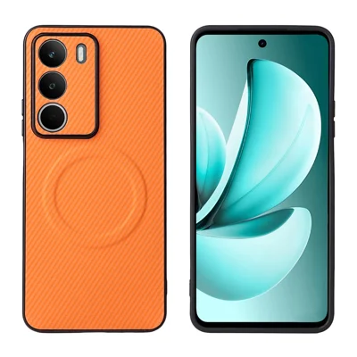 For Realme C71 4G Case Carbon Fiber Texture Leather Coated TPU PC Phone Cover with Metal Ring for Magnetic Car Mount - Orange