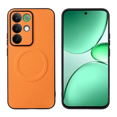 For Realme C85 Pro 4G Case Carbon Fiber Texture Leather Coated TPU PC Phone Cover with Metal Ring for Magnetic Car Mount - Orange