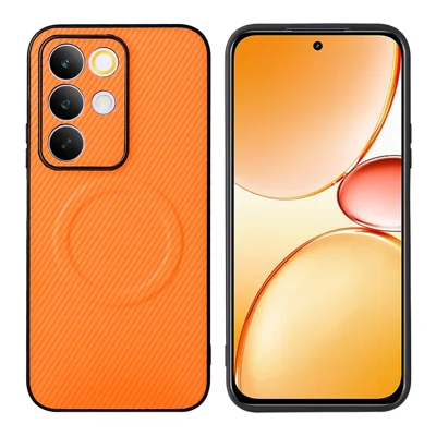 غطاء لهاتف Realme C85 4G / C85 5G / 15x (الهند) 5G، غطاء هاتف من مادة TPU وPC مع طبقة جلد بنسيج ألياف كربونية مع حلقة معدنية لتثبيت الهاتف على الحامل المغناطيسي للسيارة - برتقالي