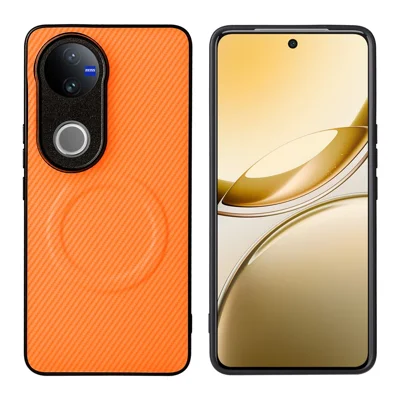For vivo V50 5G  /  V50e 5G  /  iQOO Z10R 5G Case Carbon Fiber Texture Leather Coated TPU PC Phone Cover with Metal Ring for Magnetic Car Mount - Orange
