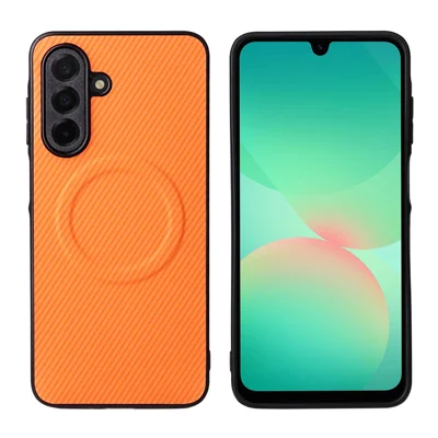 For Samsung Galaxy A16 4G  /  A16 5G Case Carbon Fiber Texture Leather Coated TPU PC Phone Cover with Metal Ring for Magnetic Car Mount - Orange