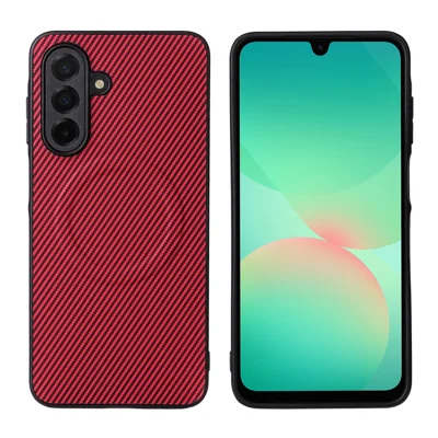 For Samsung Galaxy A26 5G Case Carbon Fiber Texture Leather Coated TPU PC Phone Cover with Metal Ring for Magnetic Car Mount - Red