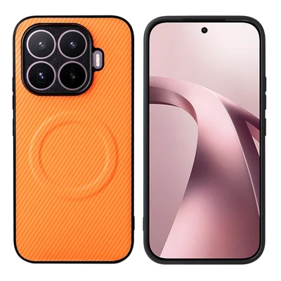 Capa para Xiaomi 17T Pro com Textura em Fibra de Carbono, Revestimento em Couro, TPU, PC e Anel Metálico para Suporte Magnético de Carro - Laranja