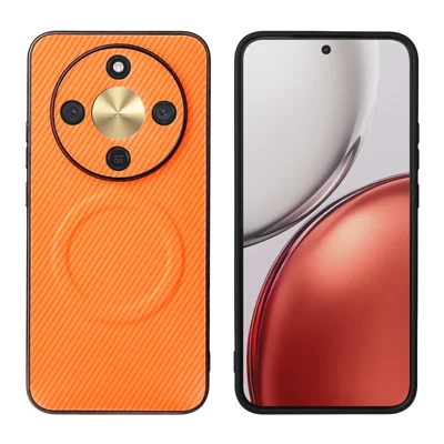 For Honor X70 5G  /  X9d 5G  /  Magic8 Lite 5G Case Carbon Fiber Texture Leather Coated TPU PC Phone Cover with Metal Ring for Magnetic Car Mount - Orange