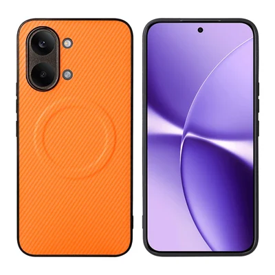 Voor Xiaomi Poco X8 Pro Max 5G / Redmi Turbo 5 Max 5G Hoesje Koolstofvezelstructuur Leercoating TPU PC Telefoonhoesje met Metalen Ring voor Magnetische Autohouder - Oranje