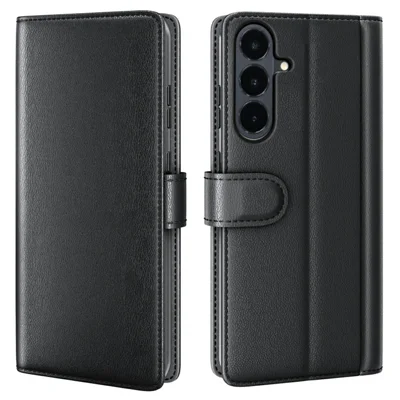 Für Samsung Galaxy S26 FE Hülle Echtes Spaltleder Handyhülle mit Brieftasche und Ständer - Schwarz