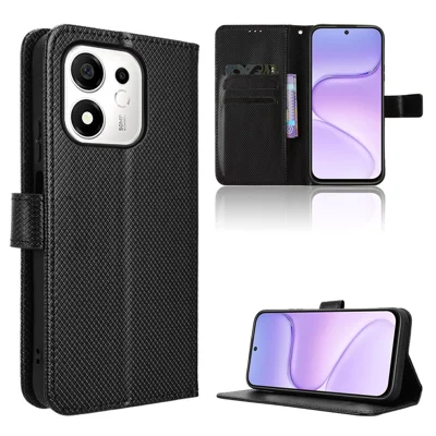 For Honor 600 Smart 5G / X7e Plus 5G Leather Wallet Case with Strap Diamond Texture Phone Cover - Black